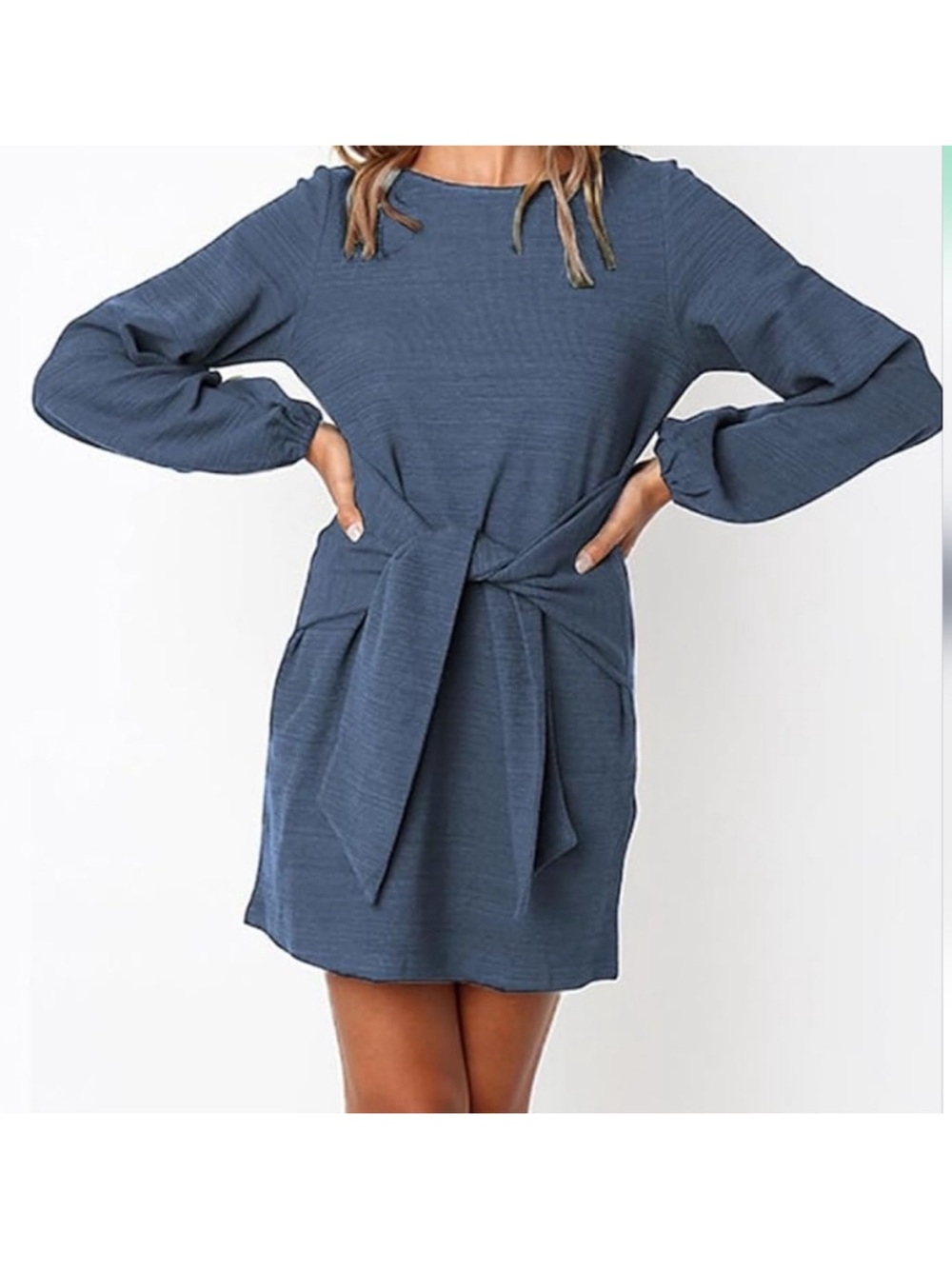 R. Vivimos Tie-Waist Long Sleeve Dress in Slate Blue